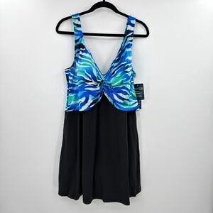 Simply Slim Women 2X Blue Green Abstract Zebra Tummy Control Swimdress NWT